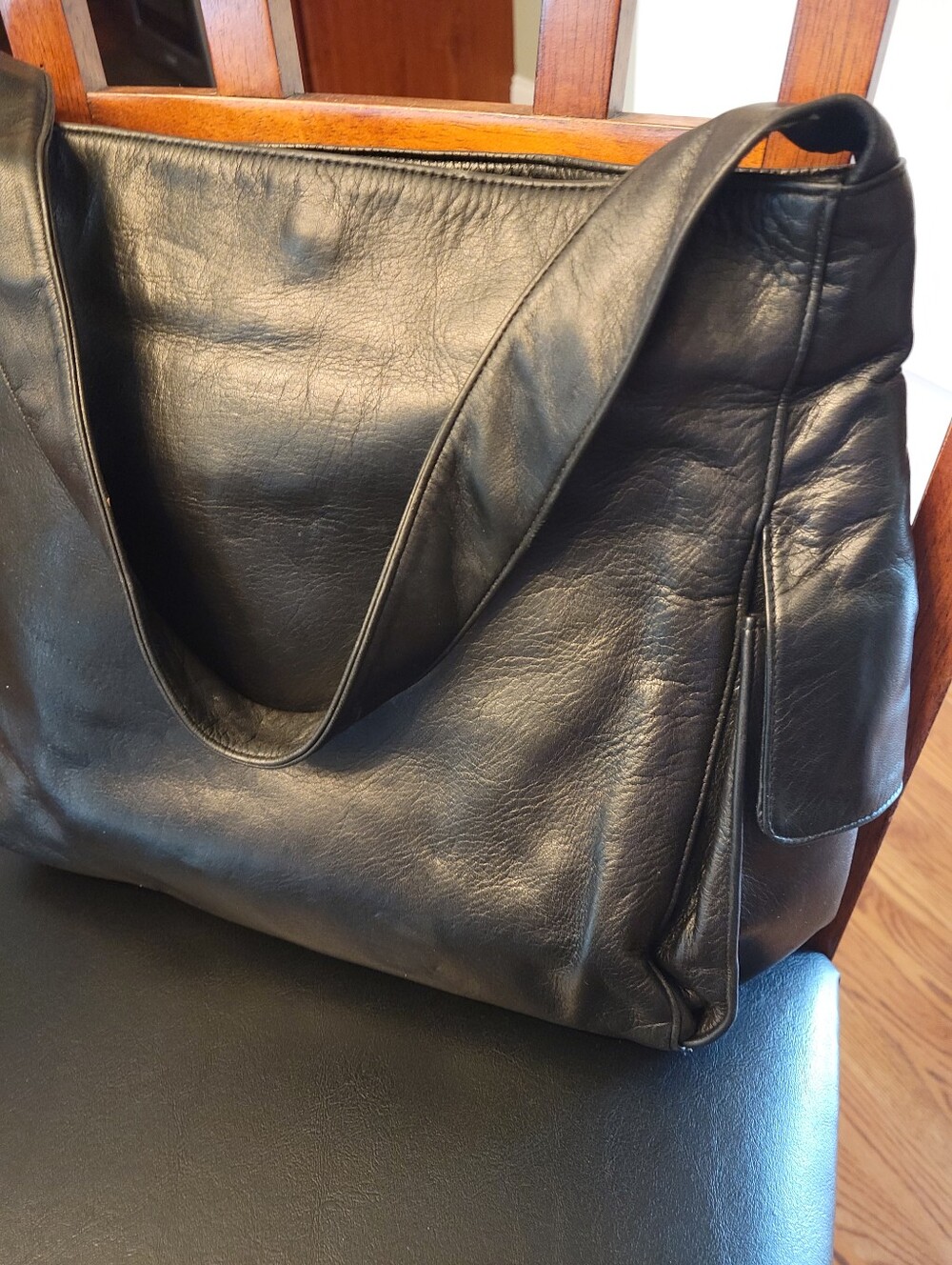 PERLINA New York Black Soft Leather Shoulder Bag With Side Pockets